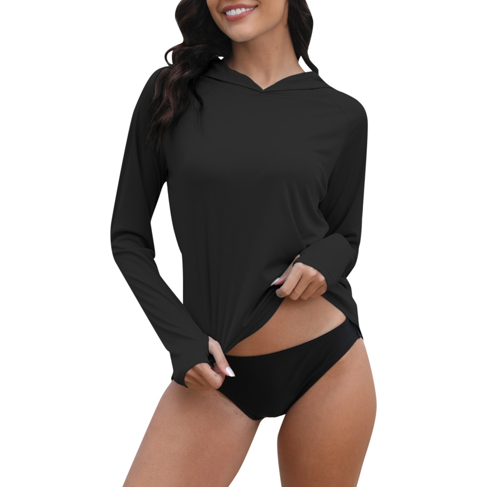 Camiseta informal con capucha para mujer - Top de manga larga para primavera/otoño - Protección solar UPF 50+, cintura ajustada